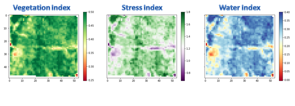 NDVI or vegetation index, GCI or stress index, and NDWI or water index in early July, 2015