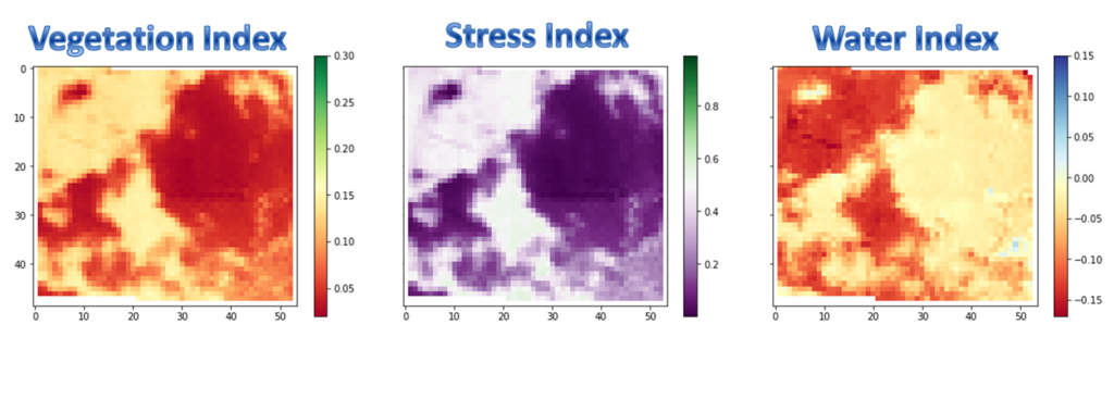 NDVI or vegetation index, GCI or stress index, and NDWI or water index in mid May, 2015