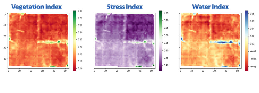 NDVI or vegetation index, GCI or stress index, and NDWI or water index in mid September, 2015
