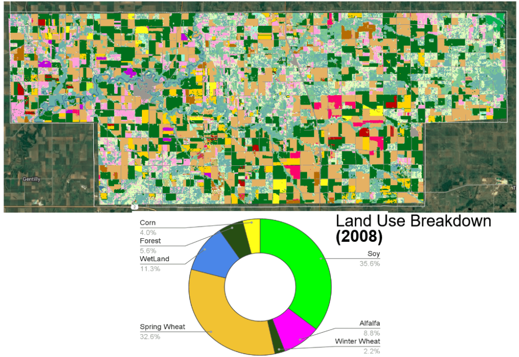 A map and a pie chart showing Land use breakdown in Red Lake County in Minnesota, US in 2008