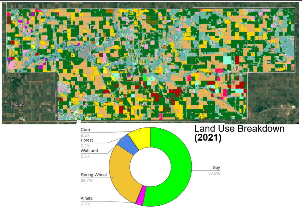 A map and a pie chart showing Land use breakdown in Red Lake County in Minnesota, US in 2021