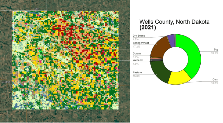 a map and a pie chart showing Land cover breakdown in 2021 - Wells County, North Dakota, US