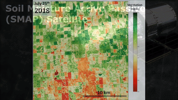 a gif showing vegetation index (extracted from sentinel-2 satellite images) and surface soil moisture profile of farms in Southern AB, Canada over 4 years (2018-2021). It shows how Soil moisture profile and crop performance are corresponding.