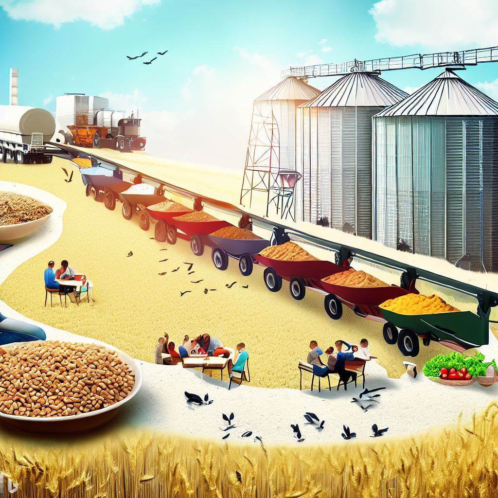 grain supply chain including and farms, bins, and train