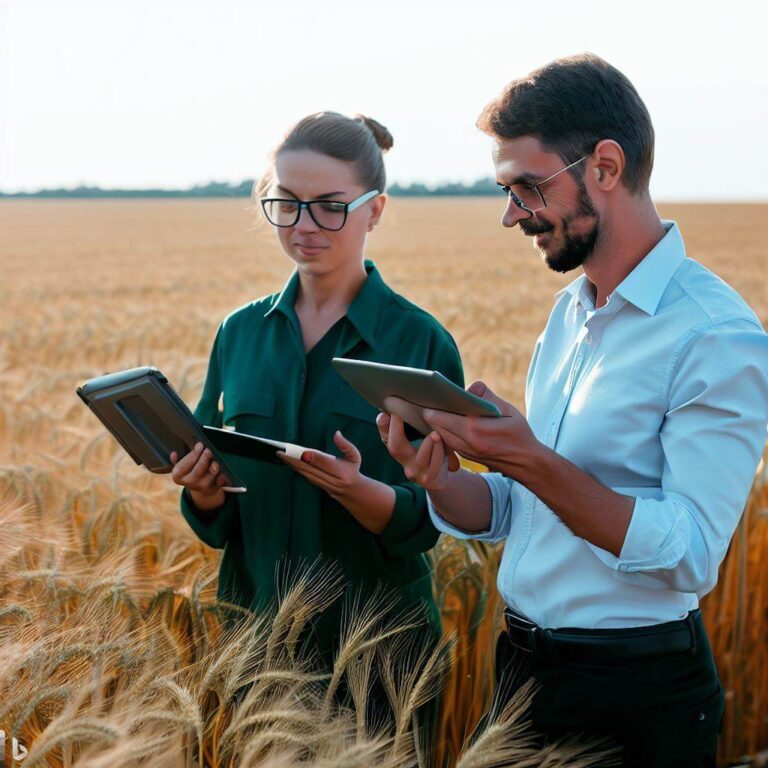 a man and a woman are scouting a grain farm