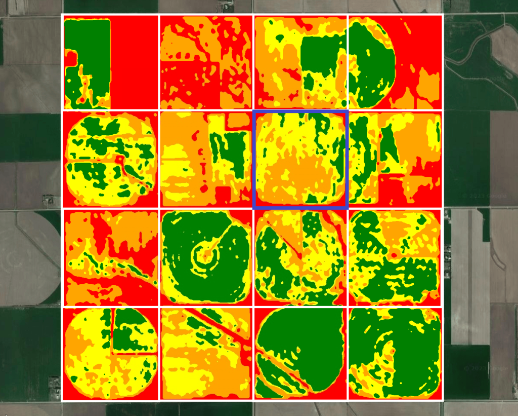 a map of several satellite images over time that shows Satellites can reveal performance of farms in the same area over a period of multiple years.