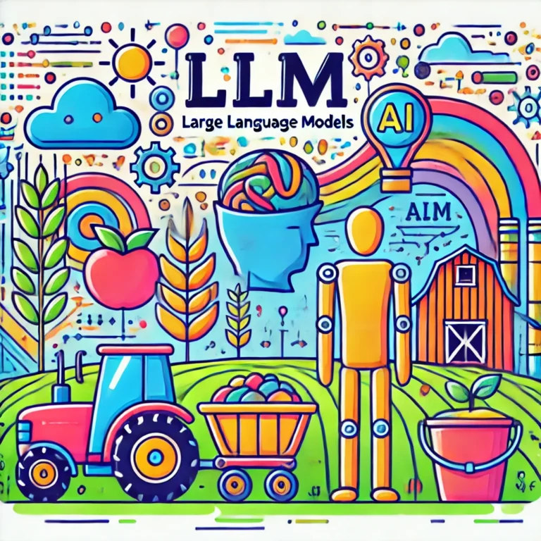 A colorful and exciting illustration showing the integration of Large Language Models (LLMs) with agriculture. The image features vibrant elements such as a farming field, a tractor, a farmer, and symbols representing AI and LLM technology. There are also images of crops, an apple, and a barn, all set against a backdrop of bright, abstract patterns.