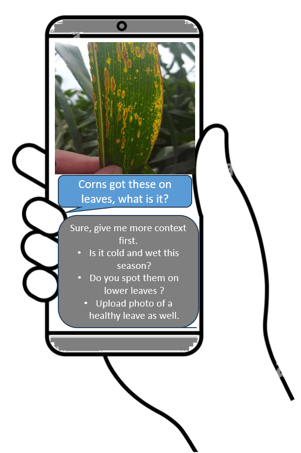 Cartoon illustration of a hand holding a smartphone displaying a corn leaf with disease symptoms and a chat conversation about diagnosing the issue.