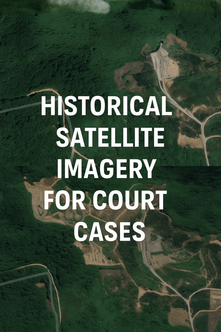 Side-by-side satellite images showing land transformation from 2020 to 2021 in a forested region of Indonesia, used as visual evidence for court cases and insurance claims.