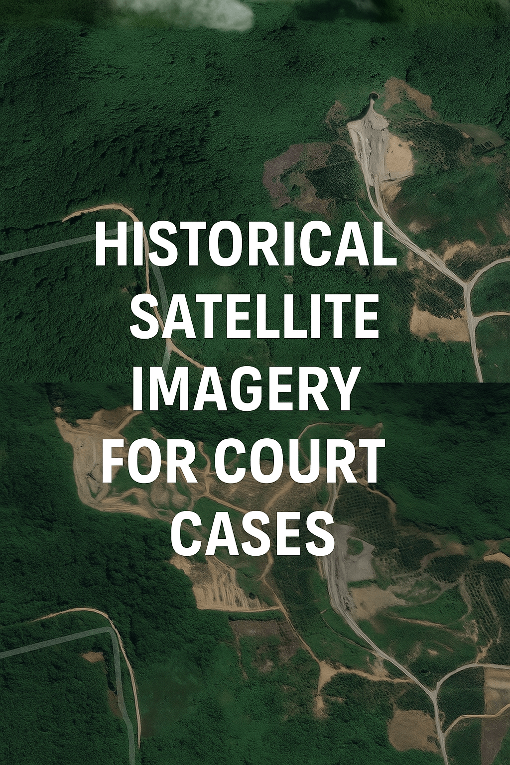 Side-by-side satellite images showing land transformation from 2020 to 2021 in a forested region of Indonesia, used as visual evidence for court cases and insurance claims.